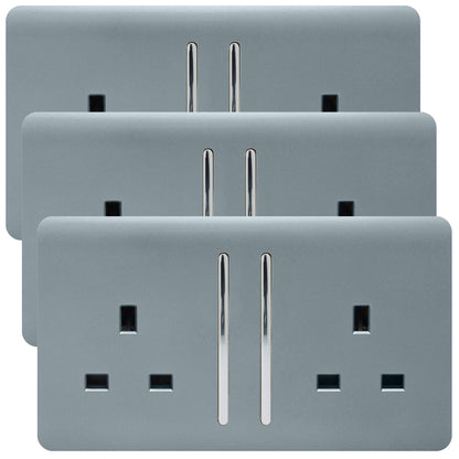Trendi 2 Gang Artistic Modern Glossy 13 Amp Switched  Plug Socket Cool Grey  (3 Pack)
