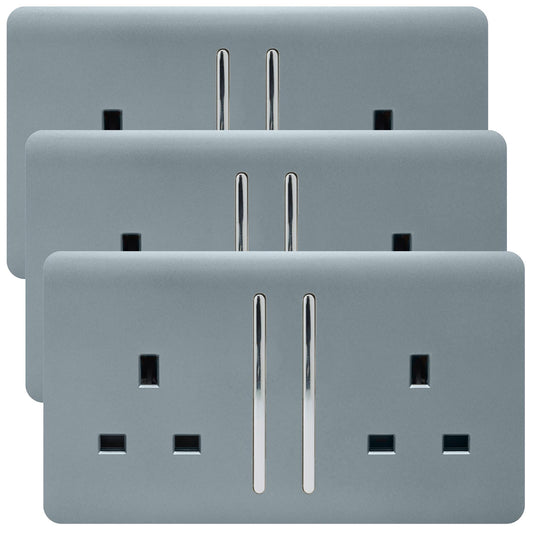Trendi 2 Gang Artistic Modern Glossy 13 Amp Switched  Plug Socket Cool Grey  (3 Pack)