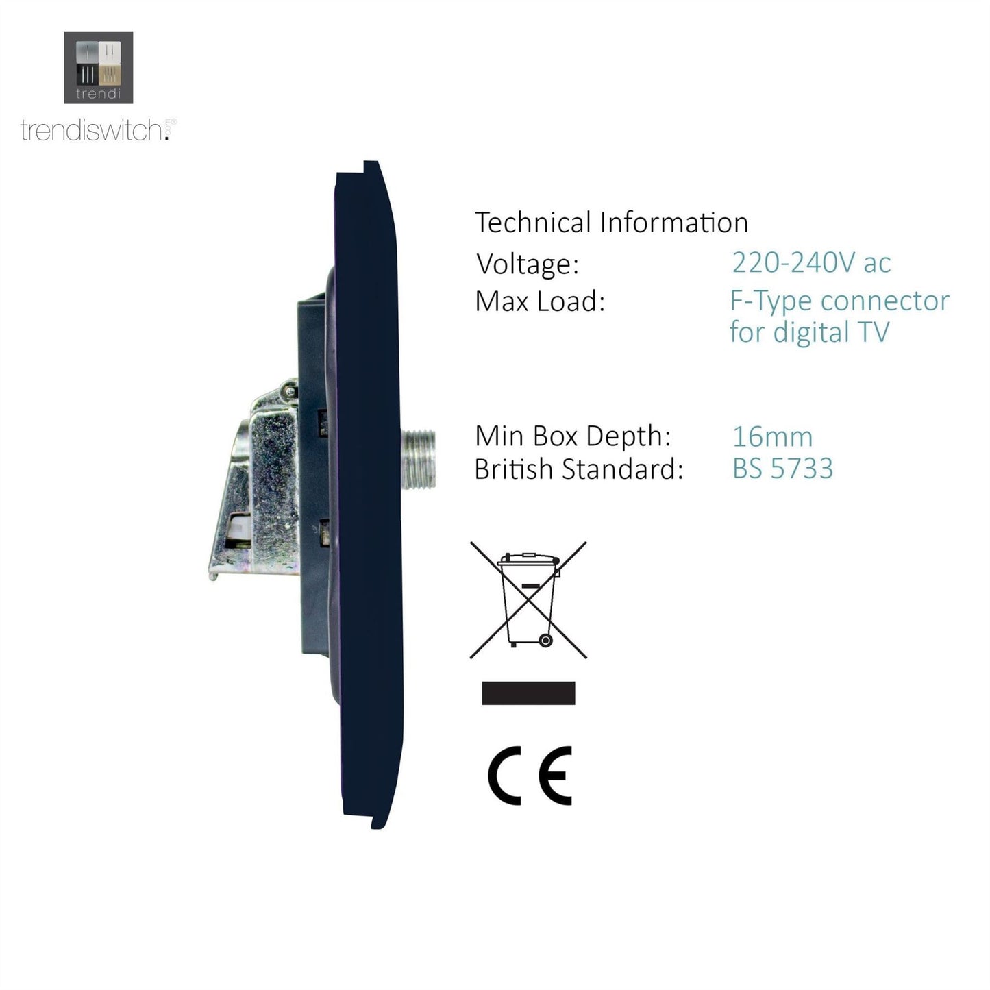 Trendi 1 Gang Artistic Modern Glossy Screwless Television Satellite Socket Navy