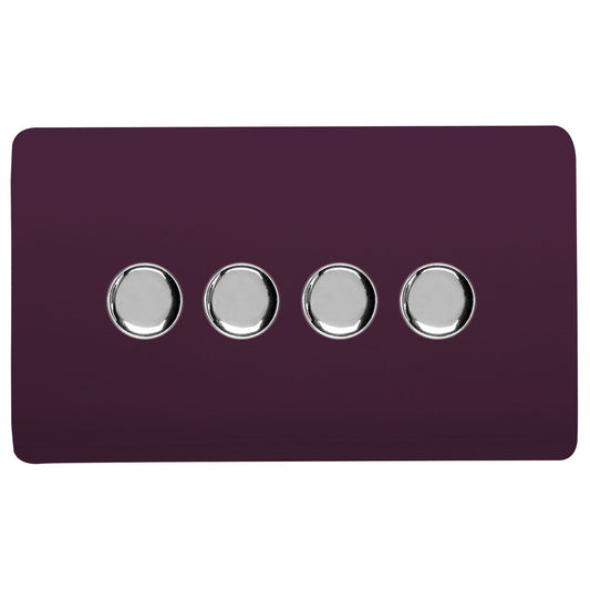 Trendi 4 Gang 2 Way 240V 100w LED Dimmer Screwless Raised Front Plate Plastic Artistic Modern Glossy 10 Amp Chrome Single Electrical Wall Light Switch in Plum - ART-4LDMPL