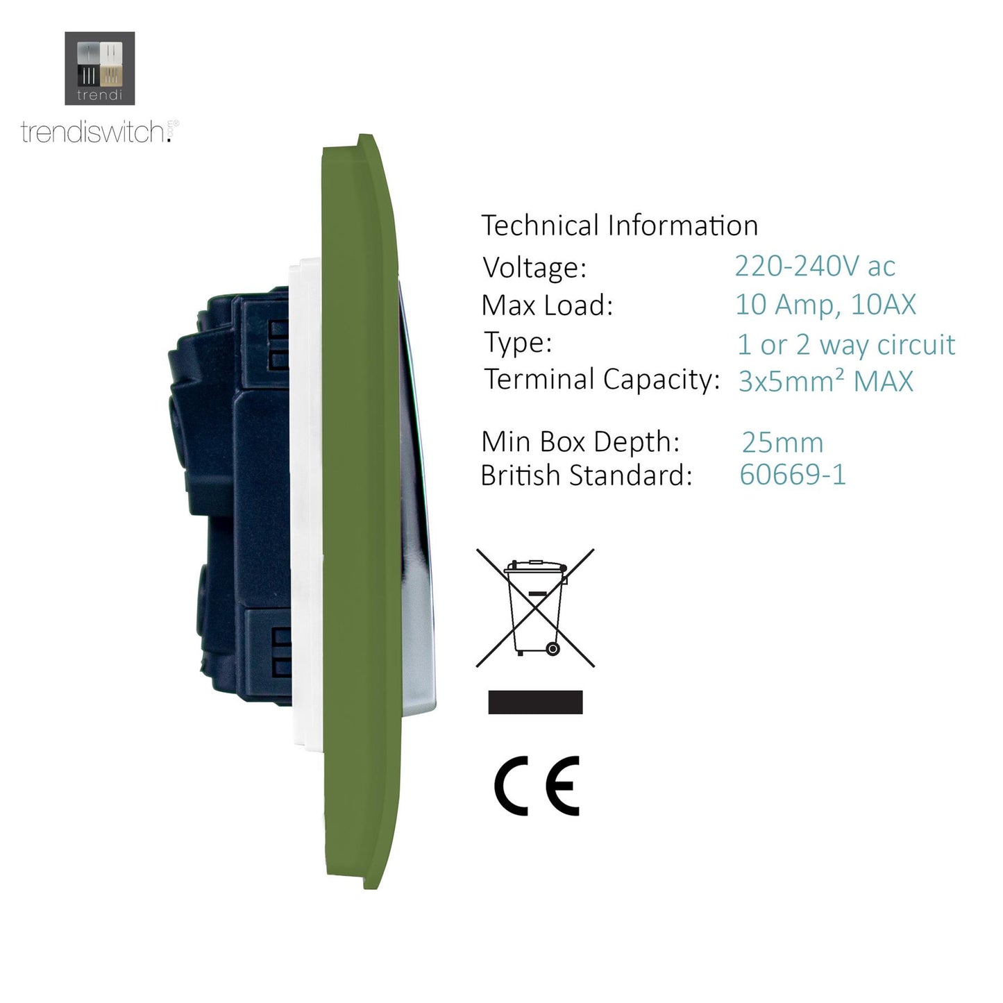 Trendi 1 Gang 2 Way 240V Screwless Artistic Modern Glossy 10 Amp Chrome Rocker Electrical Wall Light Switch in Moss Green (2 pack)