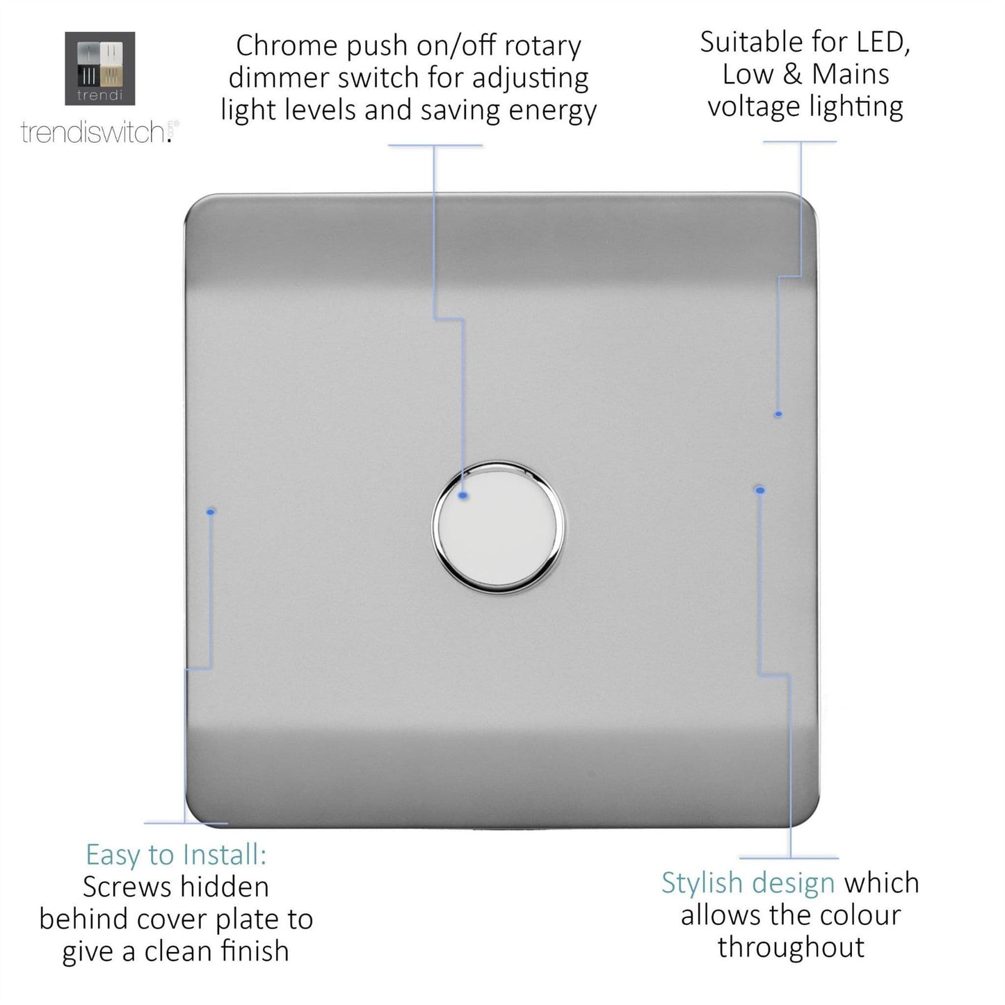 Trendi 1 Gang 2 Way 240V 100w LED Dimmer Screwless Raised Front Plate Plastic Artistic Modern Glossy 10 Amp Chrome Single Electrical Wall Light Switch in Brushed Steel - ART-LDMBS