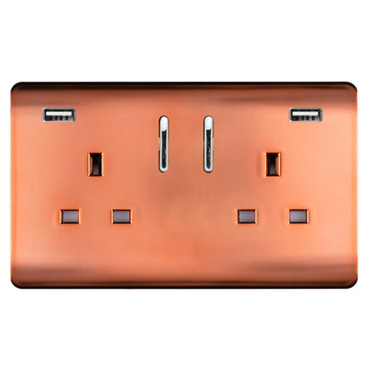 Trendi 2 Gang Artistic Modern Glossy 13 Amp 2 x 3.1mA USB Switched Plug Socket Copper