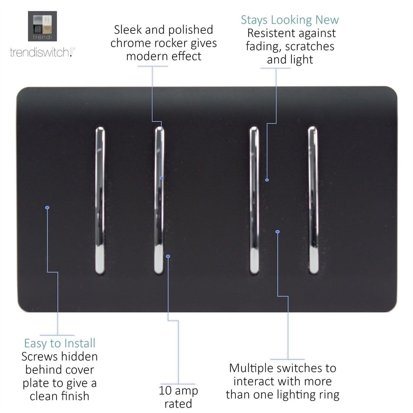 Trendi 4 Gang 3 Way Intermediate Artistic Modern Glossy 10 Amp Rocker Light Switch Matt Black