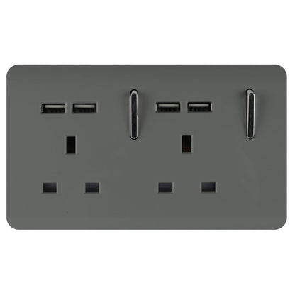 Trendi 2 Gang Artistic Modern Glossy 13 Amp 4x2.1mA USB Switched Tactile Plug Socket Charcoal