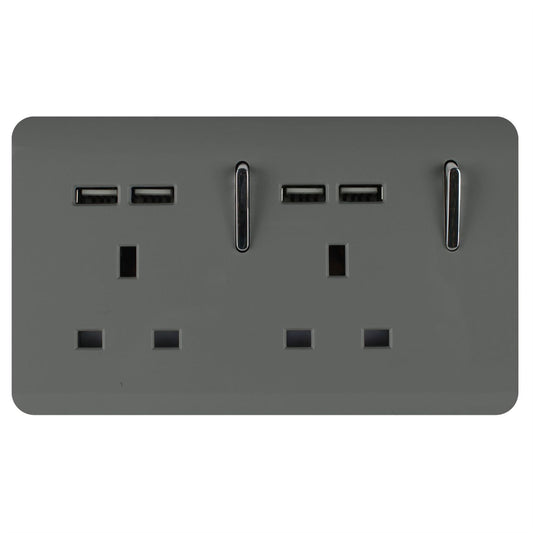 Trendi 2 Gang Artistic Modern Glossy 13 Amp 4x2.1mA USB Switched Tactile Plug Socket Charcoal