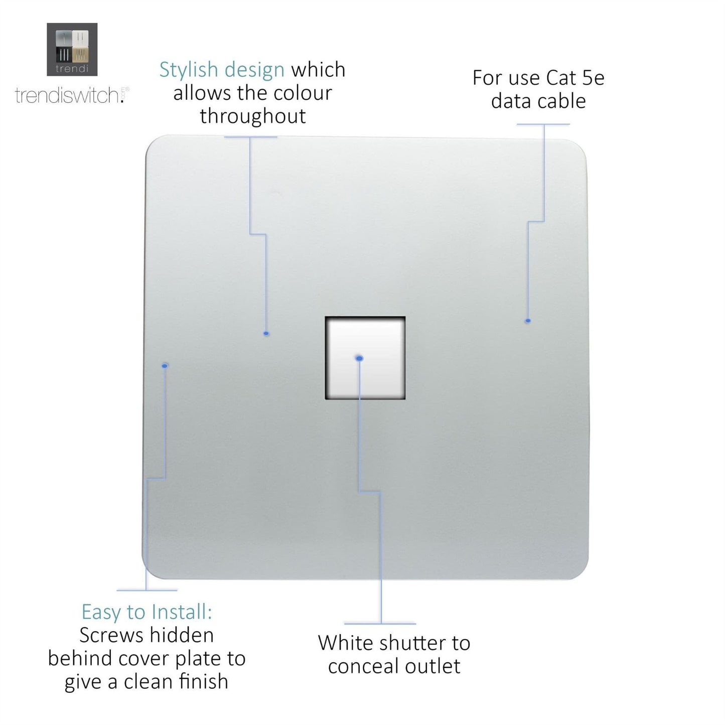 Trendi Artistic Modern RJ45 Cat 5e & Cat 6 Ethernet Socket Silver ART-PCSI