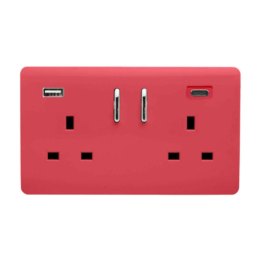 Trendi 2 Gang Artistic Modern Glossy 13 Amp 2 x Type A & C 3100mA USB Switched Plug Socket Strawberry Red