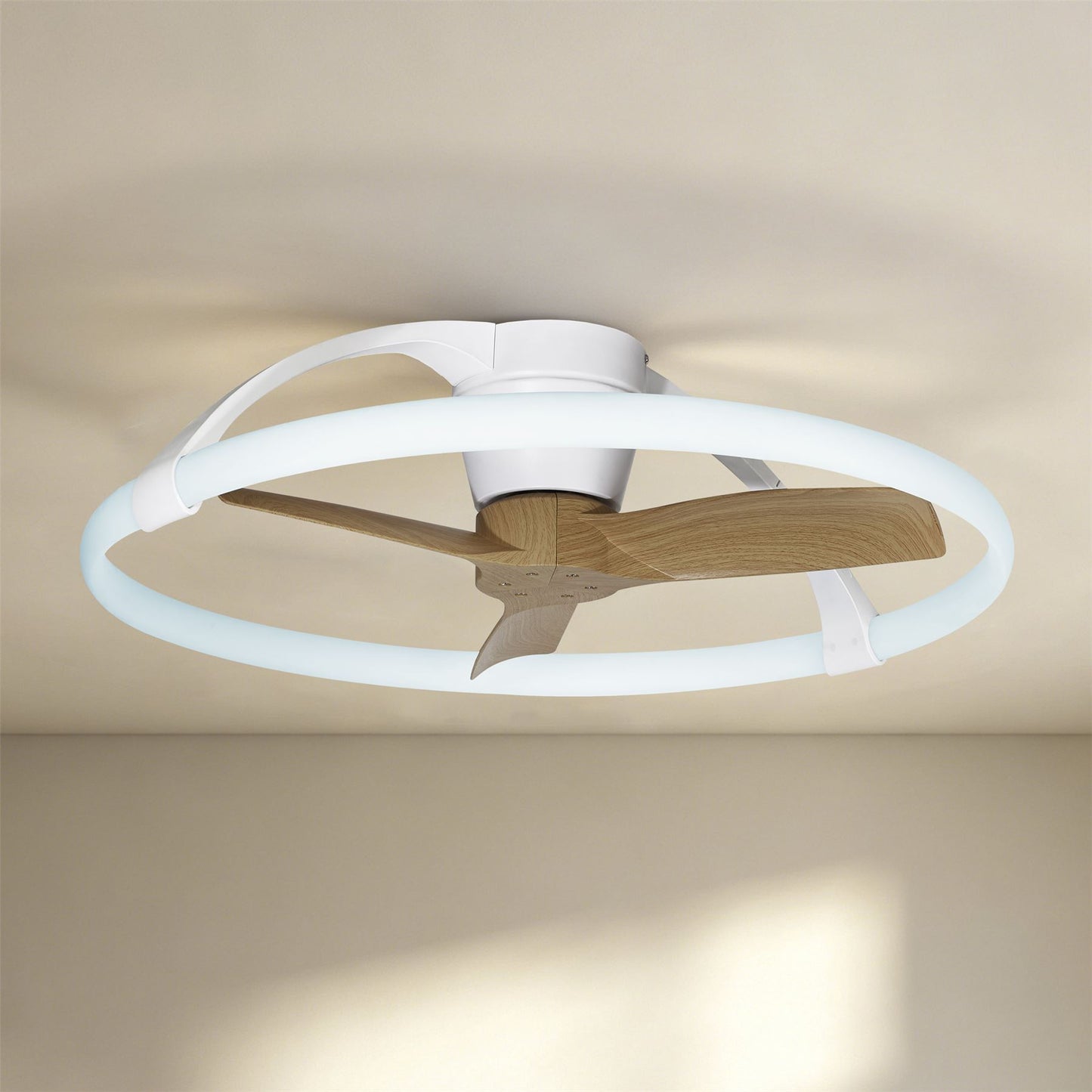 Nepal Mini 75cm 55W LED Dimmable Ceiling Light With Built-In 30W DC Reversible Fan, White/Wood, c/w Remote & APP Control, 5200lm