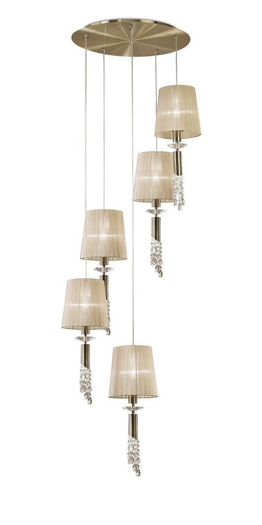 Mantra M3877 Tiffany Pendant 5+5 Light E27+G9 Spiral, Antique Brass with Soft Bronze Shades & Clear Crystal
