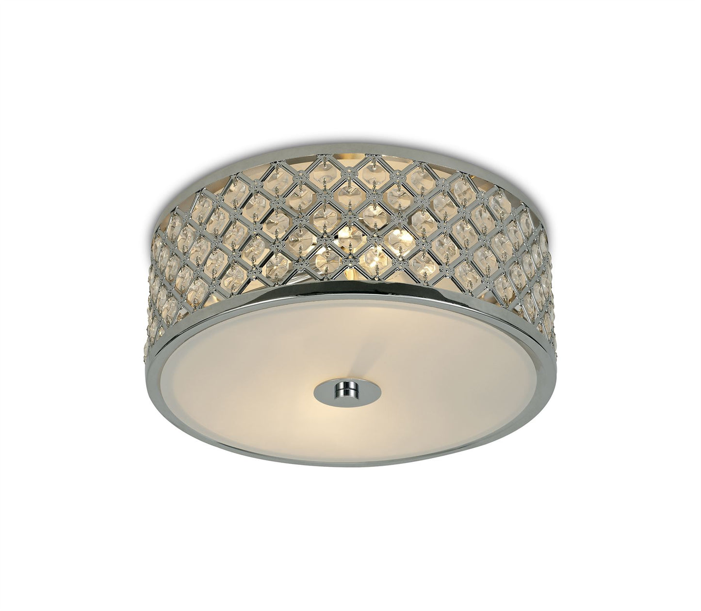 Deco Sasha 2 Light E14, Flush Ceiling Light, 300mm Round, Polished Chrome with Crystal Glass and Opal Glass Diffuser