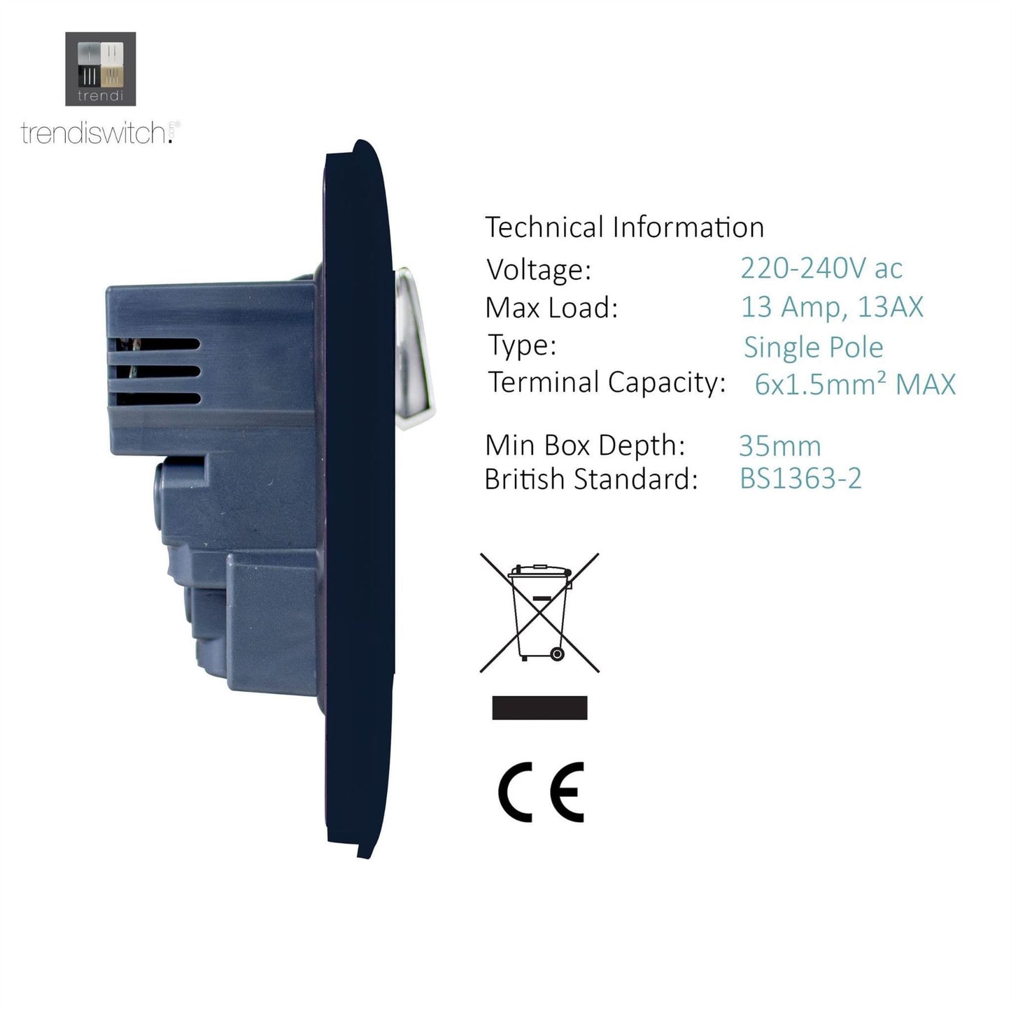 Trendi 2 Gang Artistic Modern Glossy 13 Amp 4x2.1mA USB Switched Tactile Plug Socket Navy