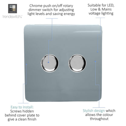 Trendi 2 Gang 2 Way 240V 100w LED Dimmer Screwless Raised Front Plate Plastic Artistic Modern Glossy 10 Amp Chrome Single Electrical Wall Light Switch in Cool Grey - ART-2LDMCG