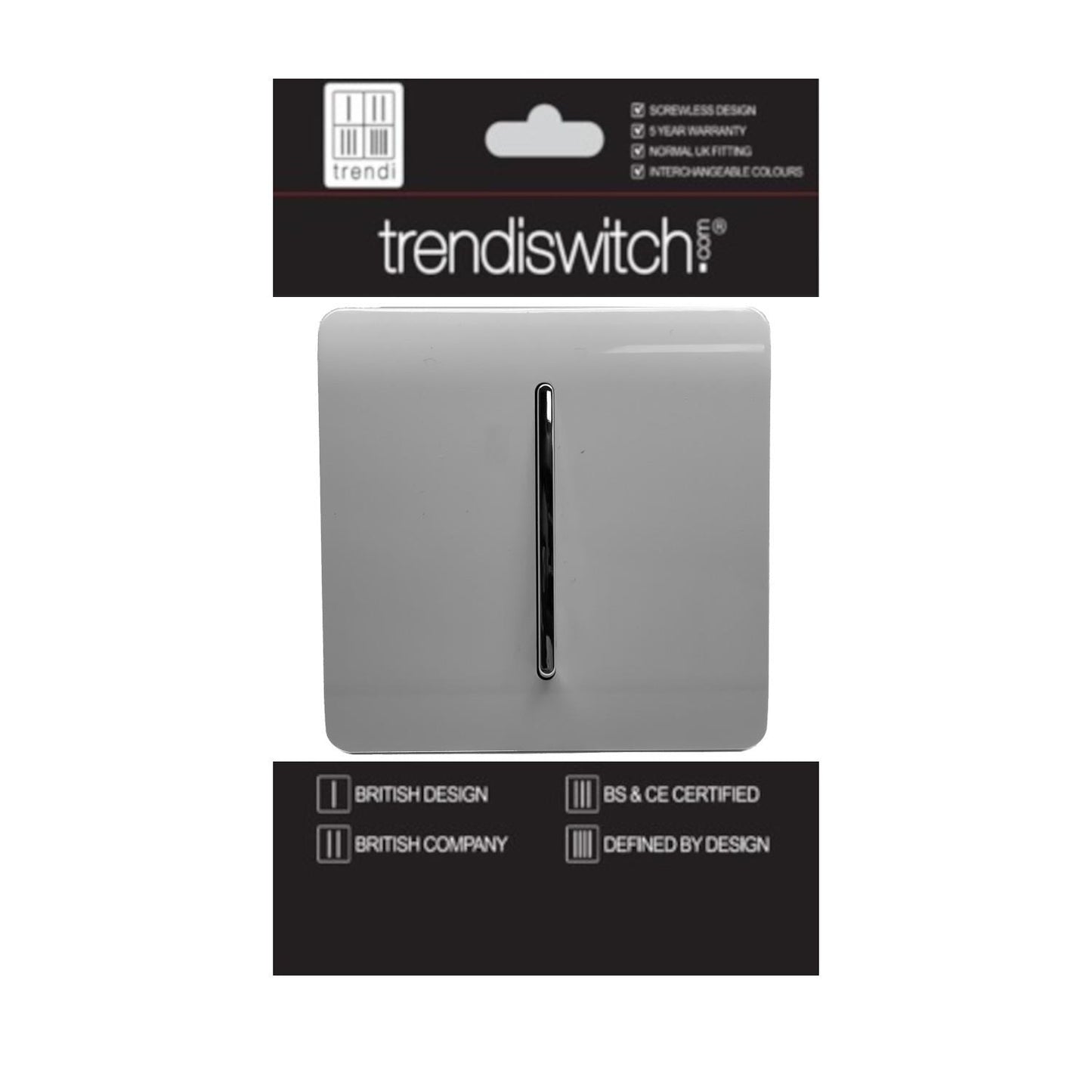 Trendi 1 Gang 2 Way 240V Screwless Artistic Modern Glossy 10 Amp Chrome Rocker Electrical Wall Light Switch in Light Grey ( 5 pack)