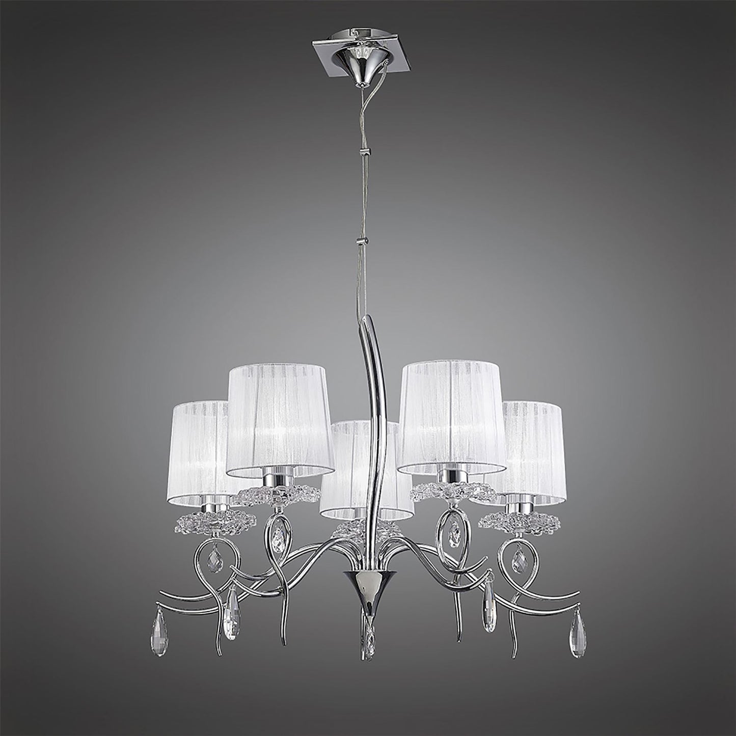Mantra Louise Pendant 5 Light E27 with White Shades Polished Chrome/Clear Crystal