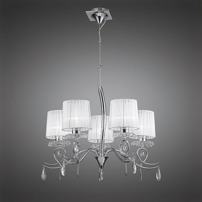 Mantra Louise Pendant 5 Light E27 with White Shades Polished Chrome/Clear Crystal