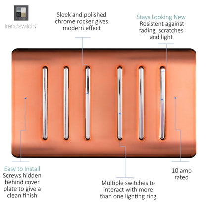 Trendi Artistic Modern Glossy 6 Gang 2 Way Rocker Double Plate Tactile Light Switch Copper