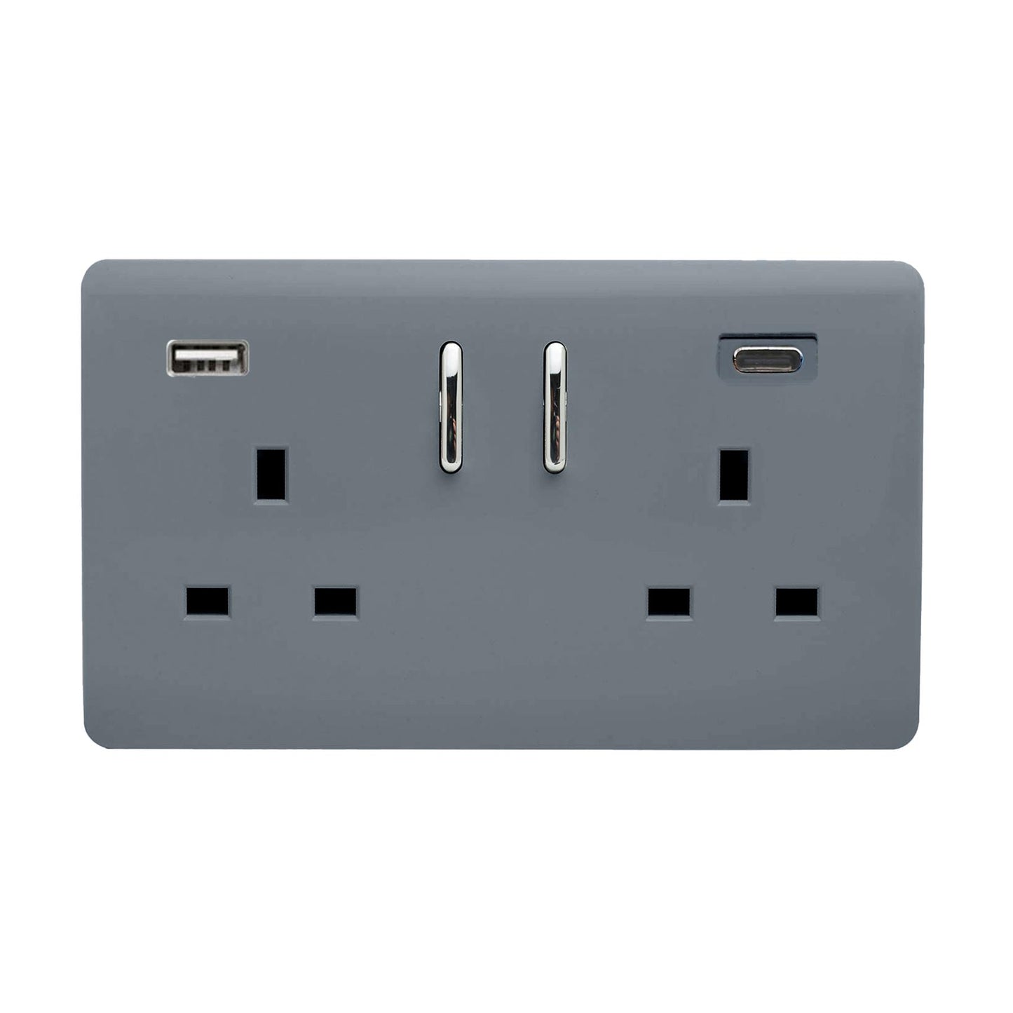 Warm Grey Screwless 2 Gang Switched Double Socket 13A With 1 x USB-A & 1 x USB-C 65W (Shared), (35mm Back Box Req.), 10yrs Warranty