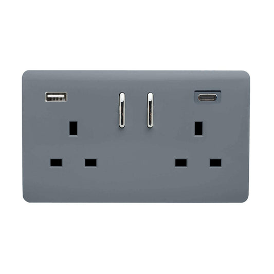Warm Grey Screwless 2 Gang Switched Double Socket 13A With 1 x USB-A & 1 x USB-C 65W (Shared), (35mm Back Box Req.), 10yrs Warranty