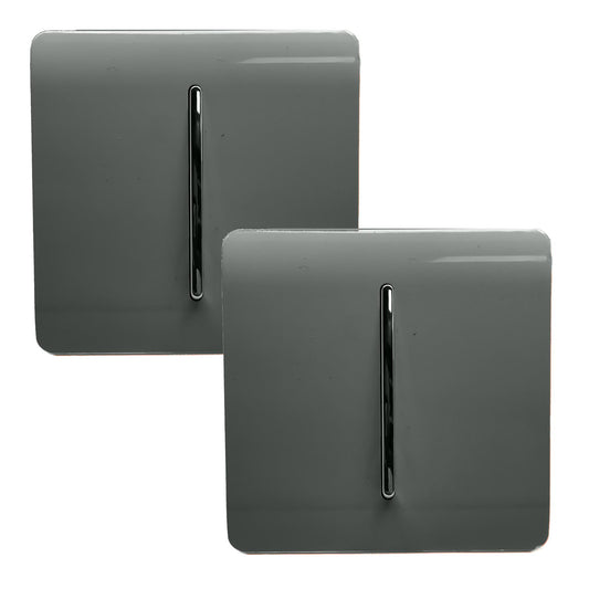 Trendi 1 Gang 2 Way 240V Screwless Artistic Modern Glossy 10 Amp Chrome Rocker Electrical Wall Light Switch in Charcoal Grey (2 PACK)