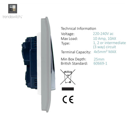 Trendi 2 Gang (2 Way & 3 way Intermediate) 240V Screwless Raised Front Plate Plastic Artistic Modern Glossy 10 Amp Chrome Rocker Double Electrical Wall Light Switch Platinum Silver- ART-SS29SI