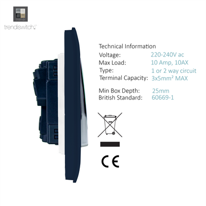 Trendi 1 Gang 2 Way 240V Screwless Artistic Modern Glossy 10 Amp Chrome Rocker Electrical Wall Light Switch in Navy Blue (3 pack)