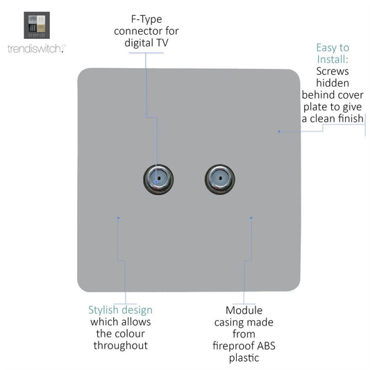 Trendi Switch 2 Gang Male F-Type Satellite Television Socket in Platinum Silver