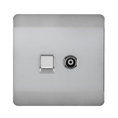 Trendi Modern Glossy Tactile TV Co-axial + RJ45 Cat 5e & Cat 6 PC Ethernet Socket Stainless Steel