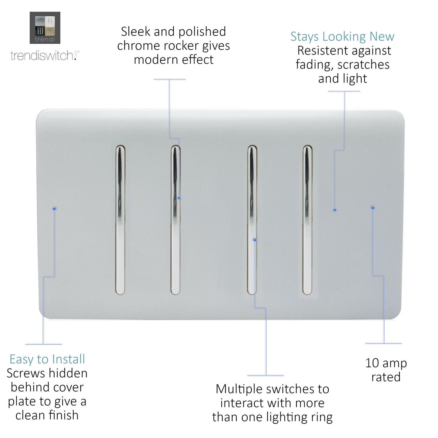 Trendi 4 Gang (2 Way & 2xIntermediate) Glossy 10 Amp Rocker Light Switch  Stainless Steel