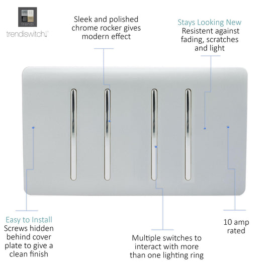 Trendi 4 Gang (2 Way & 2xIntermediate) Glossy 10 Amp Rocker Light Switch  Stainless Steel