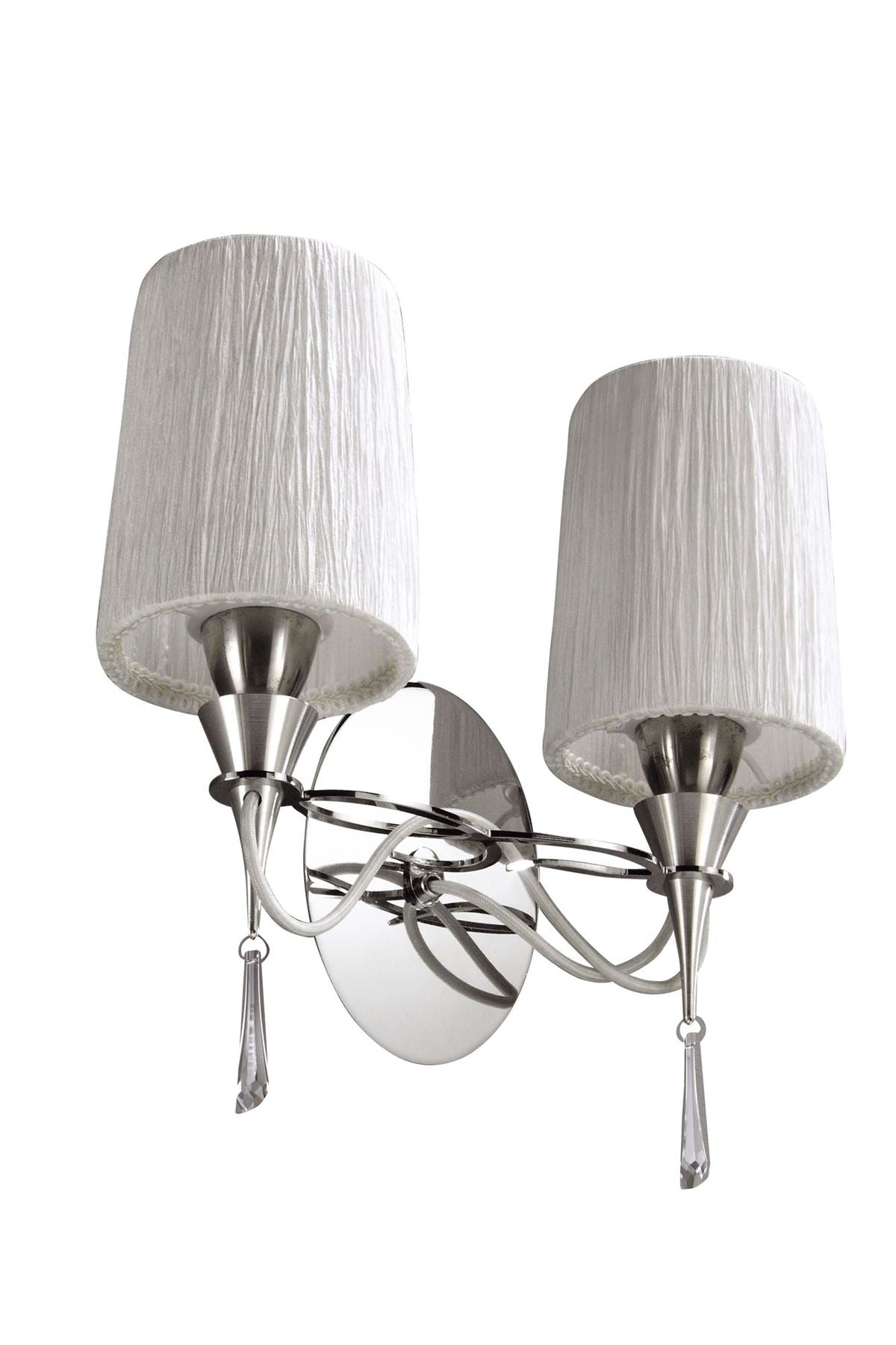 Mantra Lucca Wall Light Switched 2 Light E27, Polished Chrome with White Shades & Clear Crystal
