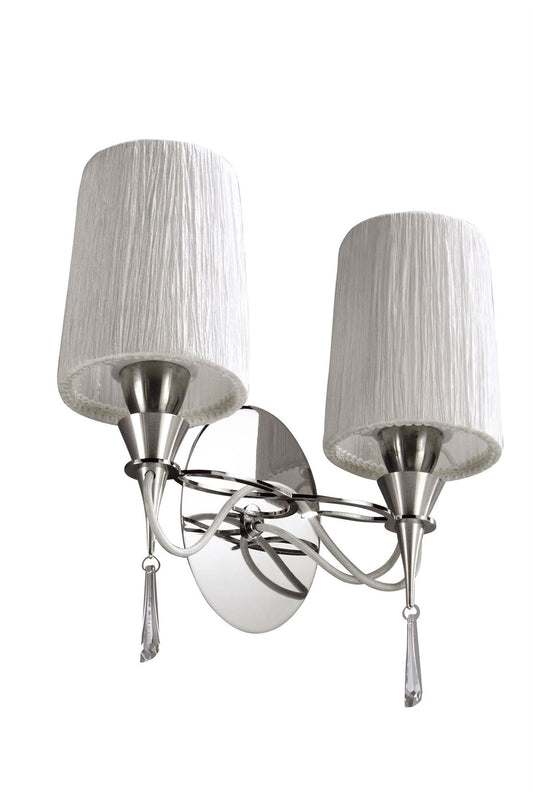Mantra Lucca Wall Light Switched 2 Light E27, Polished Chrome with White Shades & Clear Crystal