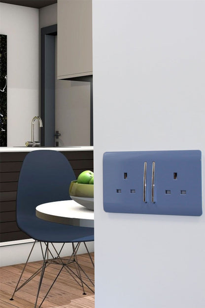 Trendi 2 Gang Raised Artistic Modern Glossy Screwless 13 Amp Single Pole with Chrome Switched UK Standard Electrical Double Wall Plug Socket in Sky Blue - ART-SKT213LSK