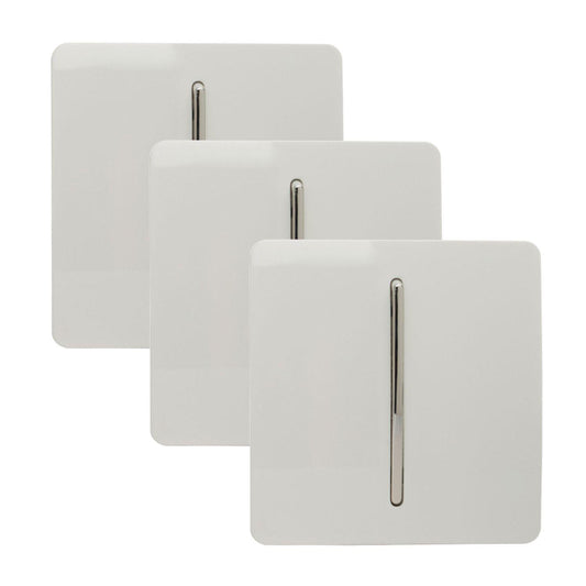 Trendi 1 Gang 2 Way 240V Screwless Artistic Modern Glossy 10 Amp Chrome Rocker Electrical Wall Light Switch in Ice White (3 pack)