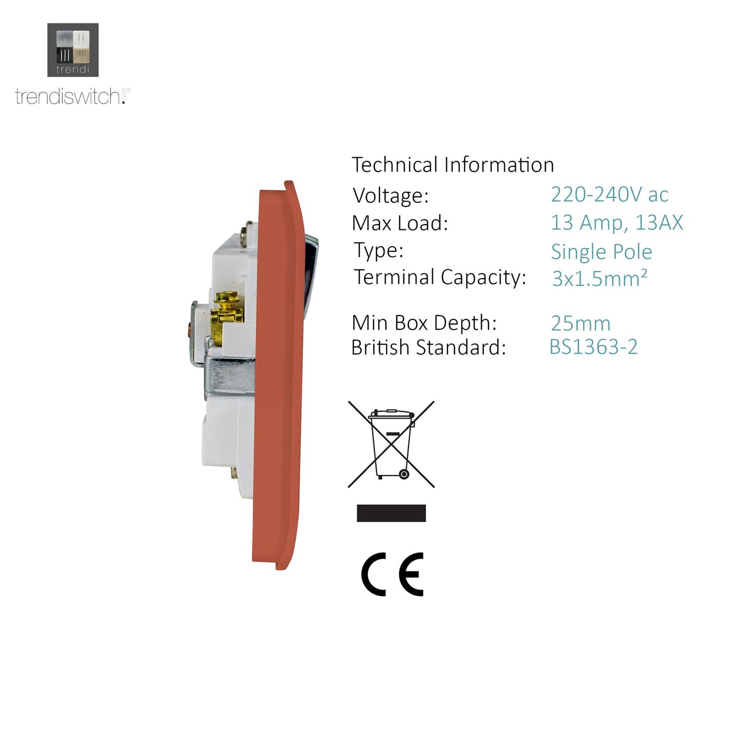 Trendi 2 Gang Artistic Modern Glossy 13 Amp Switched Tactile Plug Socket Copper (3 Pack)