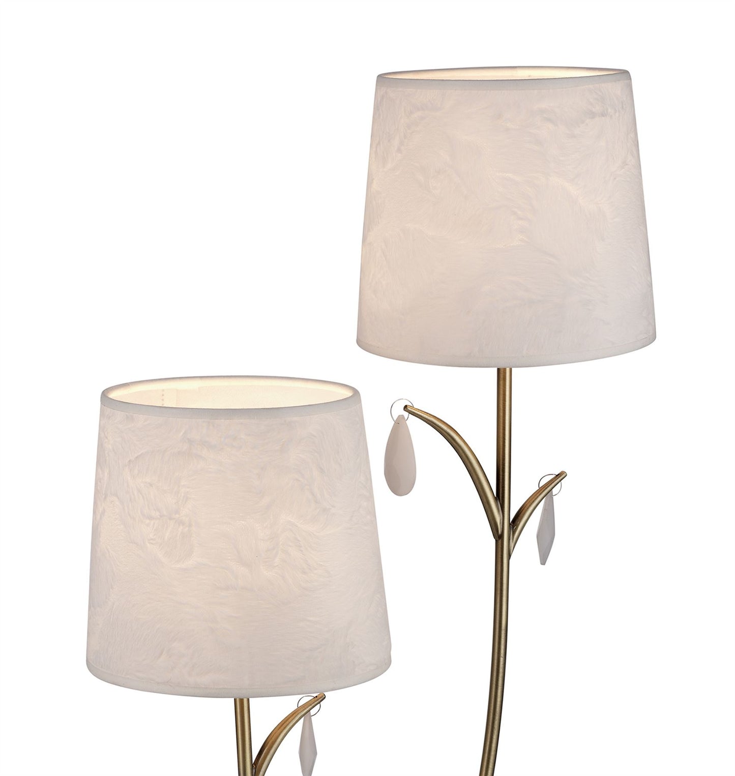 Mantra M6338 Andrea Table Lamp 63cm, 2 x E14 (Max 20W), Antique Brass, White Shades, White Crystal Droplets