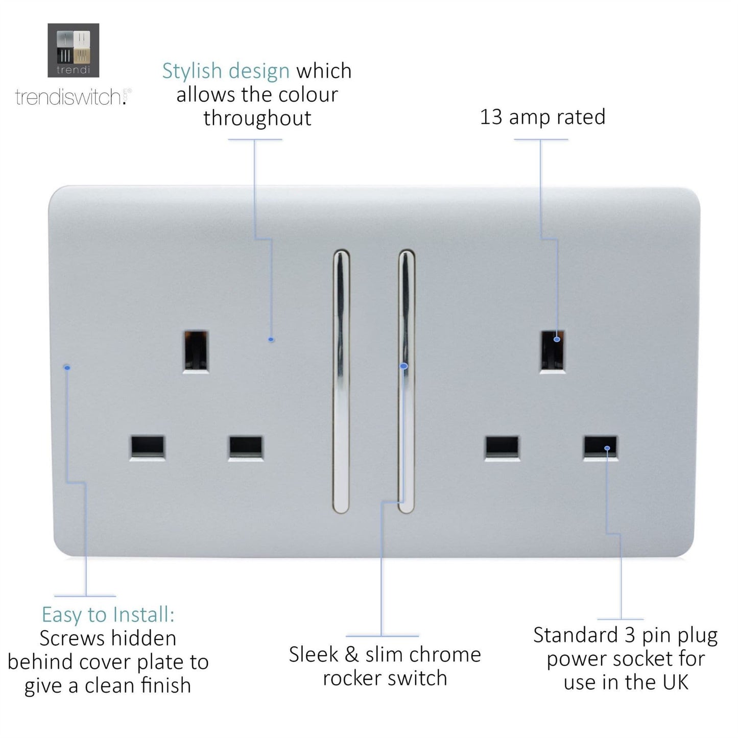 Trendi 2 Gang Artistic Modern 13 Amp Switched Plug Socket Silver ART-SKT213LSI