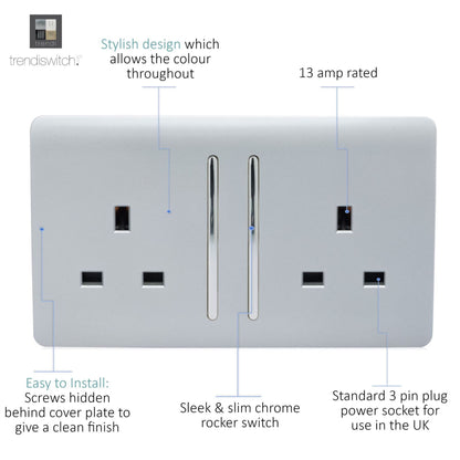Trendi 2 Gang Artistic Modern 13 Amp Switched Plug Socket Silver ART-SKT213LSI