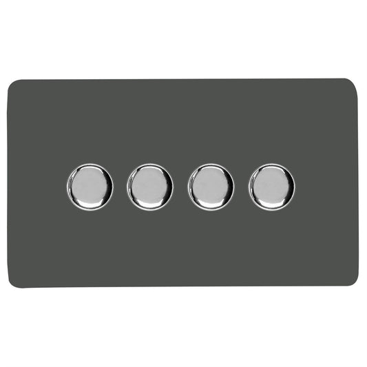 Trendi 4 Gang 2 Way 240V 100w LED Dimmer Screwless Raised Front Plate Plastic Artistic Modern Glossy 10 Amp Chrome Single Electrical Wall Light Switch in Charcoal - ART-4LDMCH