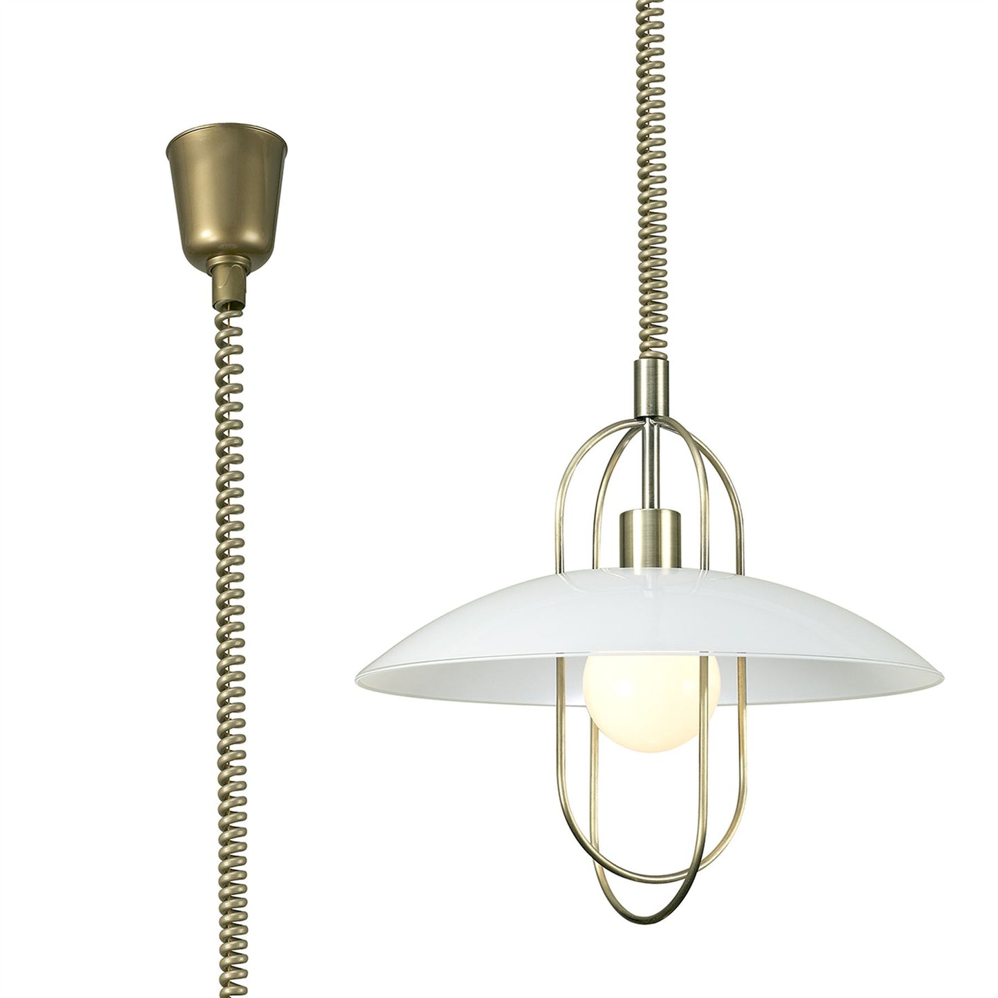 Deco Riva Rise & Fall Pendant 1 Light E27, Antique Brass/Opal White Glass Shade