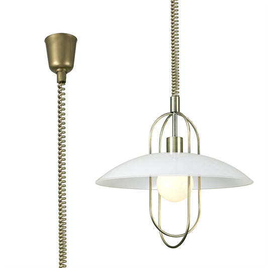 Deco Riva Rise & Fall Pendant 1 Light E27, Antique Brass/Opal White Glass Shade