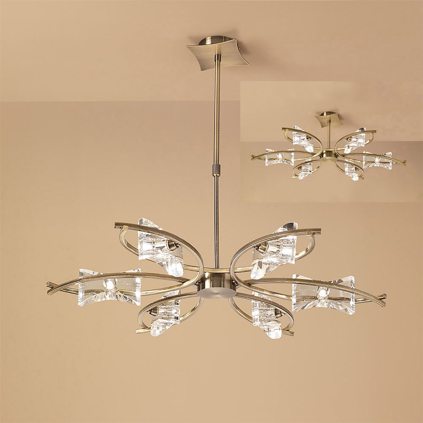 Mantra Kromo 79cm Telescopic Convertible To Semi Flush 6 Light G9, Antique Brass