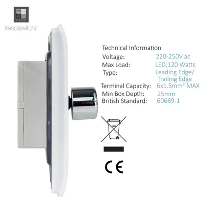 Trendi 2 Gang 2 Way 240V 100w LED Dimmer Screwless Raised Front Plate Plastic Artistic Modern Glossy 10 Amp Chrome Single Electrical Wall Light Switch in Ice White - ART-2LDMWH