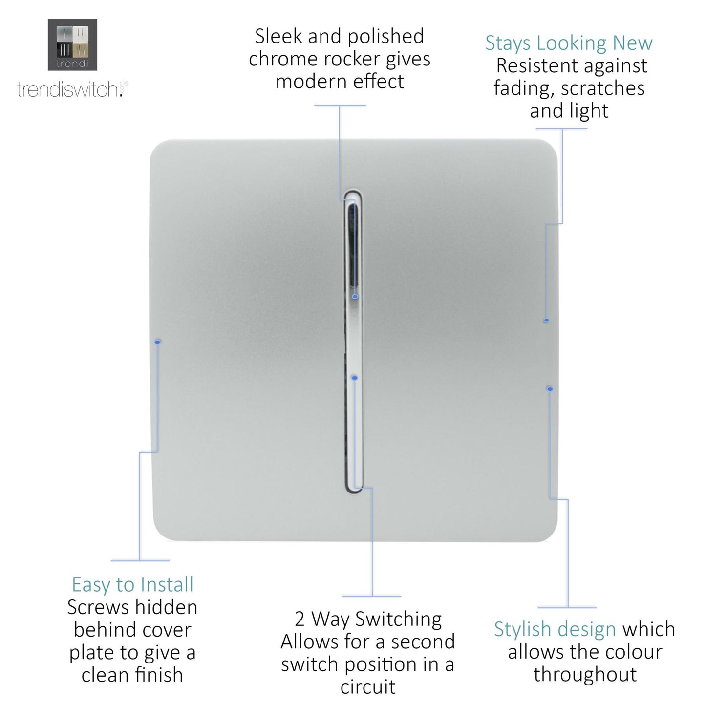 Trendi 1 Gang 2 Way Artistic Modern 10 Amp Rocker Light Switch Silver ART-SS2SI