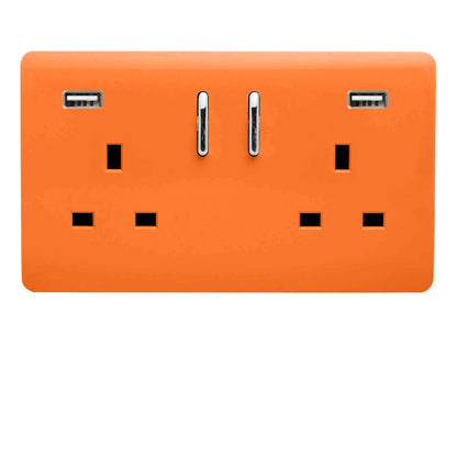 Trendi 2 Gang Artistic Modern Glossy 13 Amp 2 x 3.1mA USB Switched Plug Socket Orange