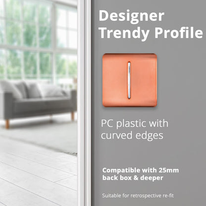 Trendi 1 Gang 2 Way 240V Screwless Raised Front Plate Plastic Artistic Modern Glossy 10 Amp Chrome Rocker Single Electrical Wall Light Switch in Copper