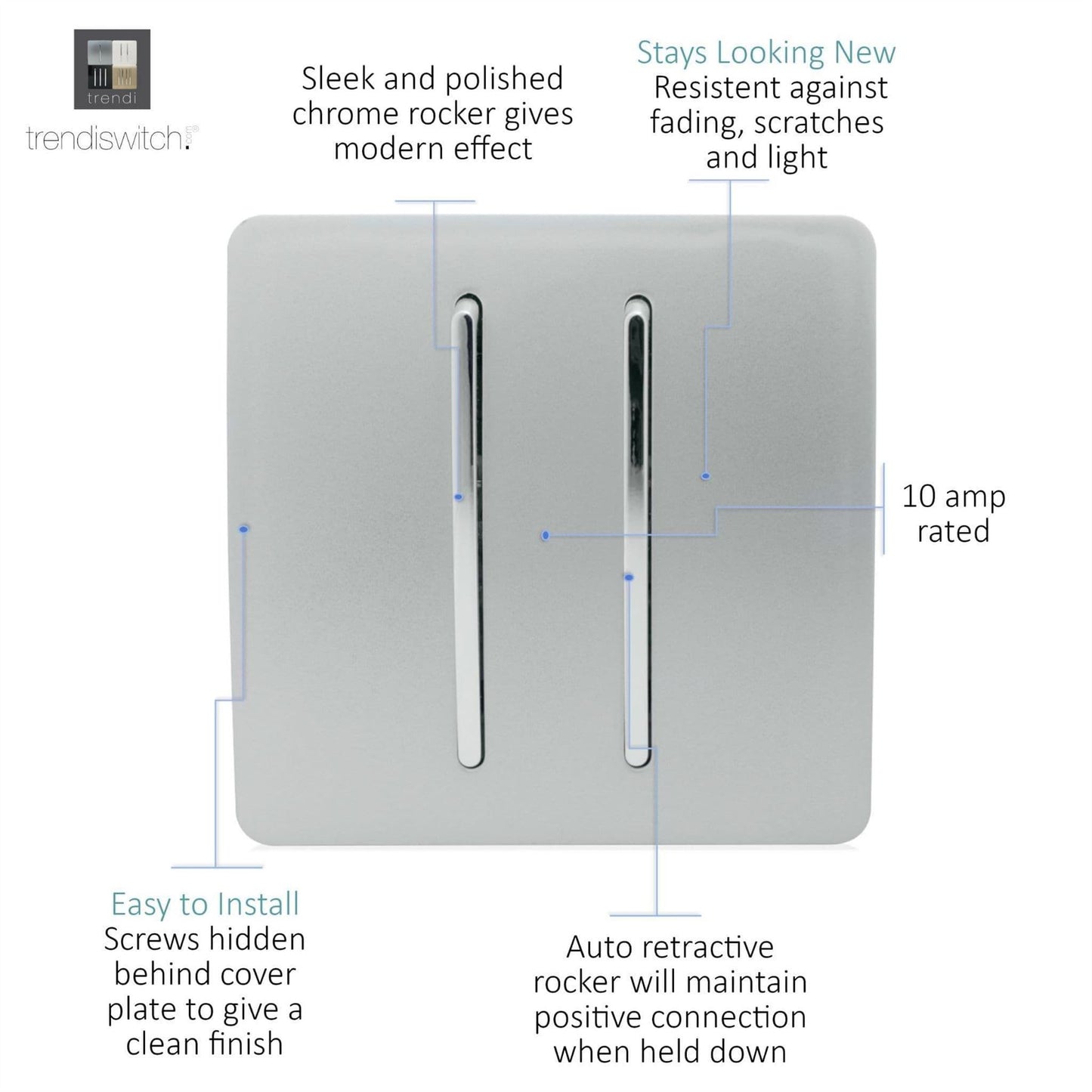 Trendi 2 Gang Retractive Home Automation Switch in Silver