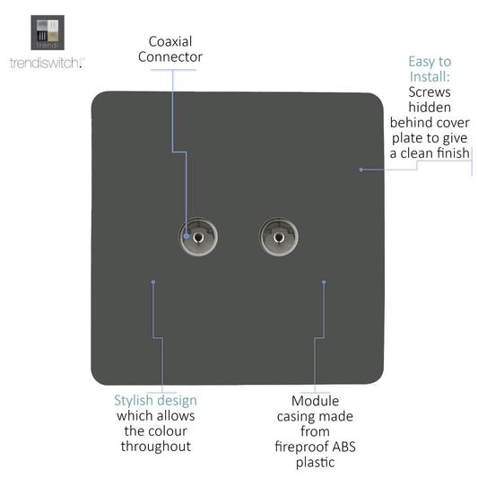 Trendi Artistic Modern Glossy Tactile 2 Gang TV Socket Charcoal