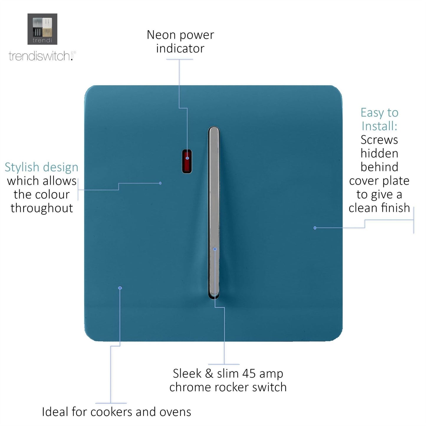 Trendi Artistic Modern Glossy 20 A Tactile Light Switch & Neon Insert Ocean Blue