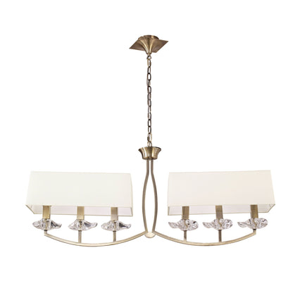 Mantra Akira Linear Pendant 2 Arm 6 Light E14, Antique Brass with Cream Shades